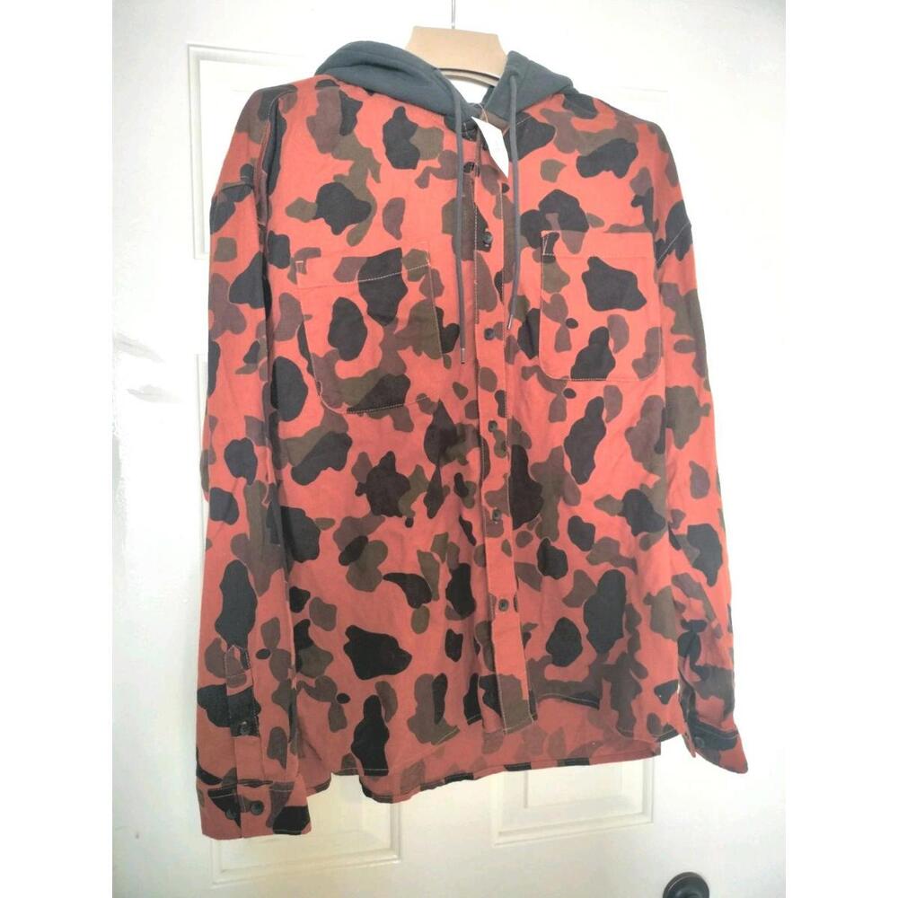 NWT Mens Urban Outfitters Hooded Flannel Shacket Orange Camo M Oversized Unisex